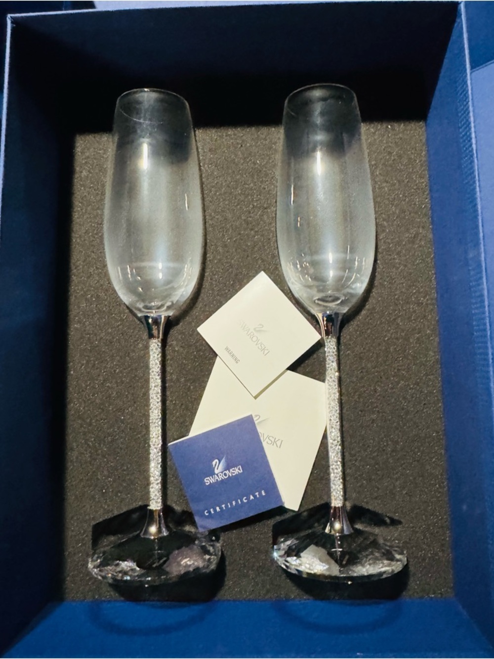 Swarovski Clear Crystal Champagne Flutes with Silver Crystal Stems